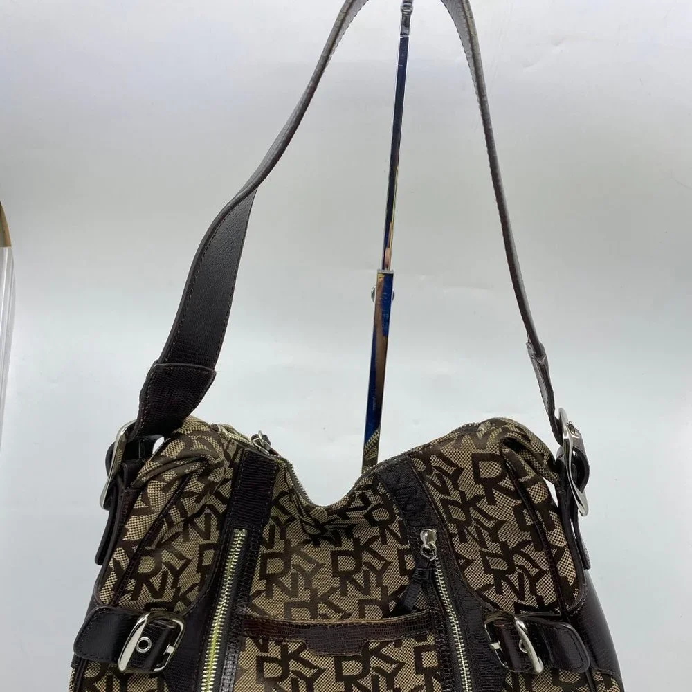 DKNY Brown Tan All Over Logo Fabric Hobo Bag